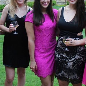 Bright pink lace shift dress